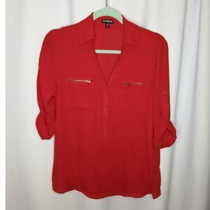 Express Roll Tab Sleeve Blouse Shirt Collar Lightwt V-Neck Top Red Womens Med